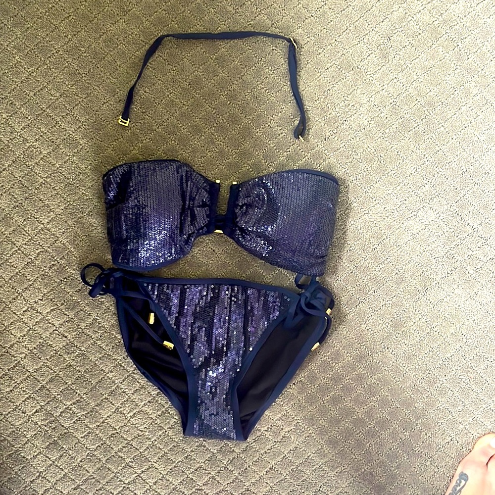 Vince Camuto Swim Navy Sequins Bandeau Strapless Bikini Top.